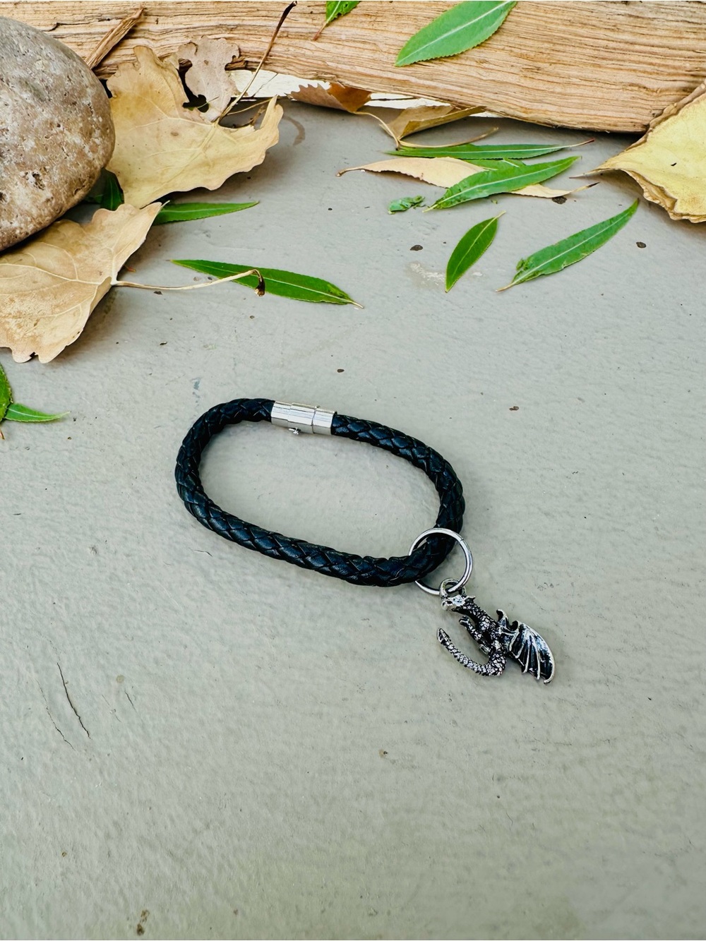 Black Braided Leather Bracelet with Dragon Charm
